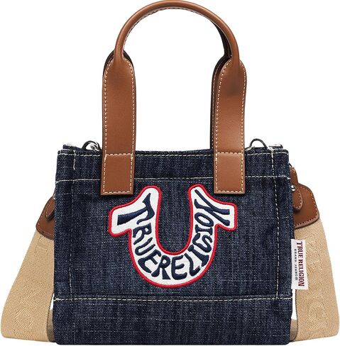 حقيبة يد صغيرة على شكل حدوة حصان من True Religion، شعار مطرز، حزام قابل للتعديل، أجزاء صلبة فضية، قماش دينم داكن in Saudi Arabia