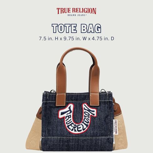 حقيبة يد صغيرة على شكل حدوة حصان من True Religion، شعار مطرز، حزام قابل للتعديل، أجزاء صلبة فضية، قماش دينم داكن in Saudi Arabia