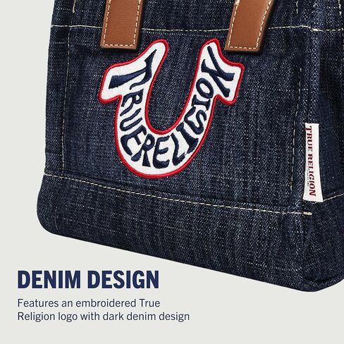 حقيبة يد صغيرة على شكل حدوة حصان من True Religion، شعار مطرز، حزام قابل للتعديل، أجزاء صلبة فضية، قماش دينم داكن in Saudi Arabia