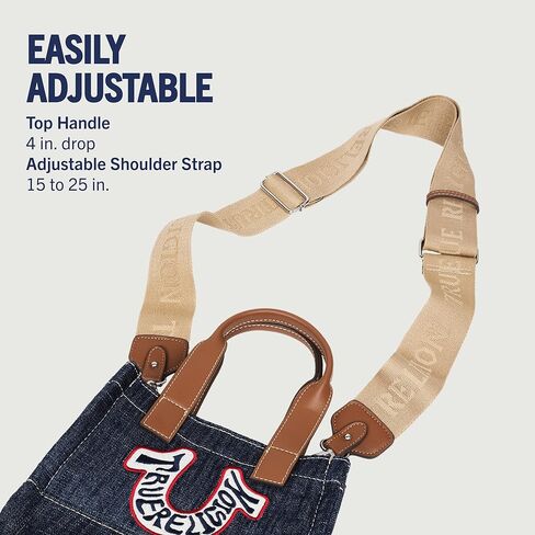 حقيبة يد صغيرة على شكل حدوة حصان من True Religion، شعار مطرز، حزام قابل للتعديل، أجزاء صلبة فضية، قماش دينم داكن in Saudi Arabia