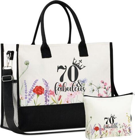 InnoBeta 70th Birthday Gifts for Women Canvas Tote Bag, Tote with Top Zipper Closure and Shoulder Strap for Birthday - Fabulous in Saudi Arabia