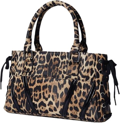 Stylish Leopard Print Handbag with Crisscross Lace-Up Detail,Tote Bag with Dual Top Handles for Women in Saudi Arabia