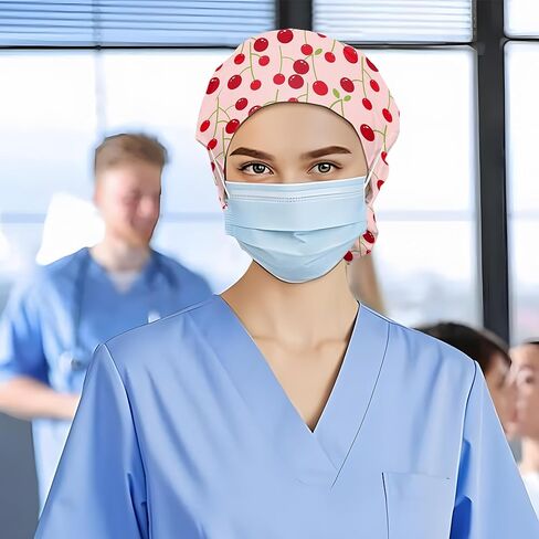 قبعات فرك النساء قبعات التمريض مع زر، قبعة عمل قابلة للتعديل مع الحقيبة ذيل حصان Scrunchy وربطة عنق الشريط للنساء in Kuwait