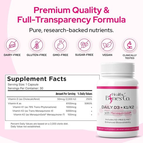 Premium D3/K2 - الطيف الكامل فيتامين K2 MK7 + MK4 + D3 2000IU + K1 ، ملحق D3 + K1/K2 يوميًا ، مكملات VIT D المتاحة للبيولوجية للغاية والفيتامينات للعظام القوية ودعم المناعة - 30 كبسولات in Kuwait