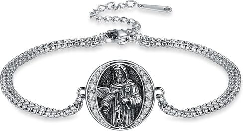 YINHONGSAM Double Chain Saint Benedict Medal Bracelet, 925 Sterling Silver Religious Pendant, Amulet Protection Jewelry Gift for Men Women in Saudi Arabia