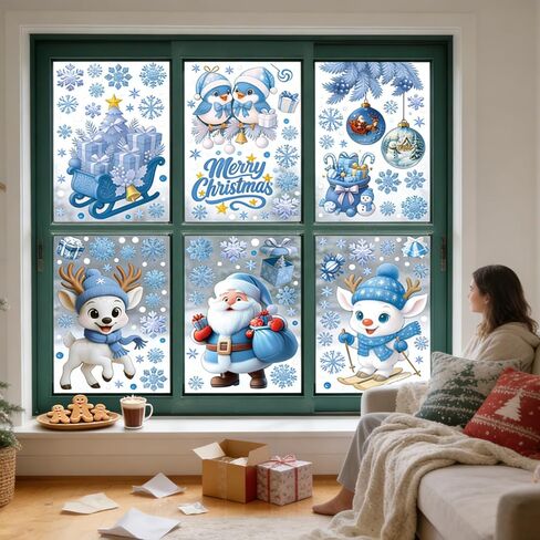 HHTOAR Christmas Window Clings - Christmas Snowflake Window Clings Stickers for Glass, 6 Sheets Cute Xmas Decorations for Winter Holiday Home Party, for Glass Double-Sided Static Decals in Saudi Arabia