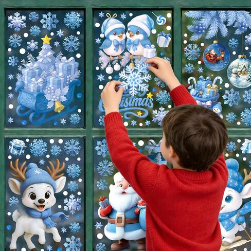 HHTOAR Christmas Window Clings - Christmas Snowflake Window Clings Stickers for Glass, 6 Sheets Cute Xmas Decorations for Winter Holiday Home Party, for Glass Double-Sided Static Decals in Saudi Arabia