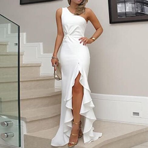 One Shoulder Dress for Womens Ruffles Satin Wedding Party Maxi Dress Bodycon Cocktail Gowns with Slit in Saudi Arabia
