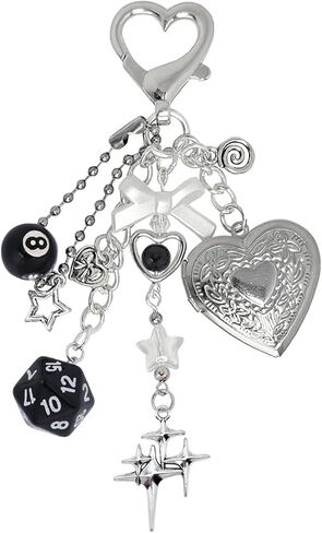 LuneClat Y2k Aesthetic Silver Keychain Charms - Bag Charm Bowknot Heart Locket Photo Key Chain Accessories for Keys Purse in Saudi Arabia