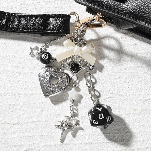 LuneClat Y2k Aesthetic Silver Keychain Charms - Bag Charm Bowknot Heart Locket Photo Key Chain Accessories for Keys Purse in Saudi Arabia
