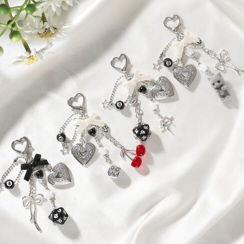 LuneClat Y2k Aesthetic Silver Keychain Charms - Bag Charm Bowknot Heart Locket Photo Key Chain Accessories for Keys Purse in Saudi Arabia