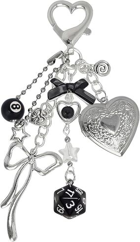 LuneClat Y2k Aesthetic Silver Keychain Charms - Bag Charm Bowknot Heart Locket Photo Key Chain Accessories for Keys Purse in Saudi Arabia