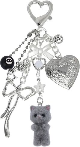 LuneClat Y2k Aesthetic Silver Keychain Charms - Bag Charm Bowknot Heart Locket Photo Key Chain Accessories for Keys Purse in Saudi Arabia