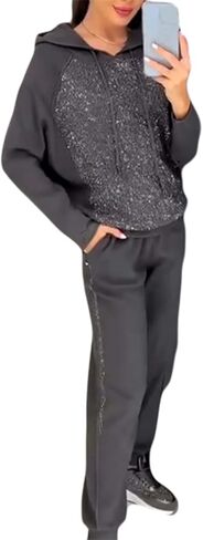 Women's Hooded Sweatshirt and Cuffed Jogger Pants 2 Piece Set,Shiny Sequin Hooded Sweatshirt Jogger Pants Tracksuit Set in Saudi Arabia