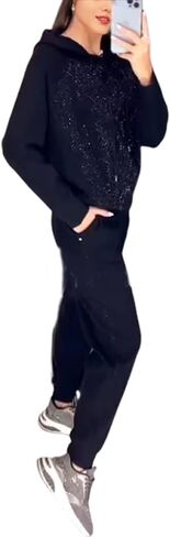 Women's Hooded Sweatshirt and Cuffed Jogger Pants 2 Piece Set,Shiny Sequin Hooded Sweatshirt Jogger Pants Tracksuit Set in Saudi Arabia