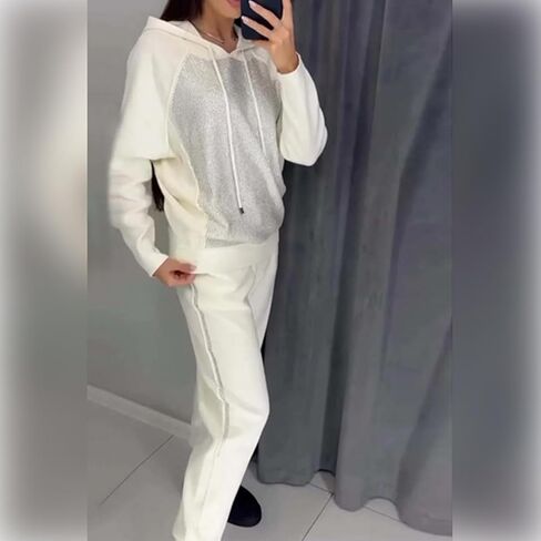 Women's Hooded Sweatshirt and Cuffed Jogger Pants 2 Piece Set,Shiny Sequin Hooded Sweatshirt Jogger Pants Tracksuit Set in Saudi Arabia