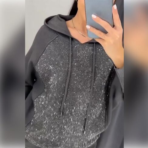Women's Hooded Sweatshirt and Cuffed Jogger Pants 2 Piece Set,Shiny Sequin Hooded Sweatshirt Jogger Pants Tracksuit Set in Saudi Arabia