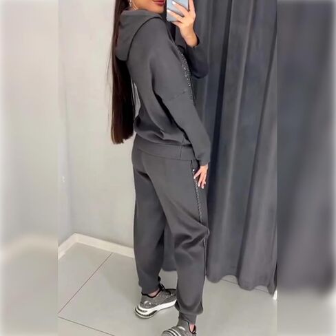 Women's Hooded Sweatshirt and Cuffed Jogger Pants 2 Piece Set,Shiny Sequin Hooded Sweatshirt Jogger Pants Tracksuit Set in Saudi Arabia