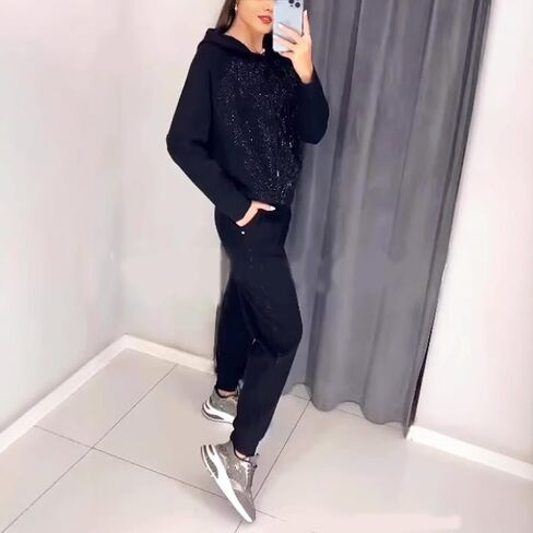 Women's Hooded Sweatshirt and Cuffed Jogger Pants 2 Piece Set,Shiny Sequin Hooded Sweatshirt Jogger Pants Tracksuit Set in Saudi Arabia