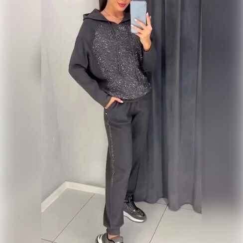 Women's Hooded Sweatshirt and Cuffed Jogger Pants 2 Piece Set,Shiny Sequin Hooded Sweatshirt Jogger Pants Tracksuit Set in Saudi Arabia