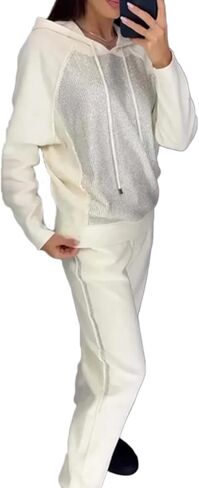 Women's Hooded Sweatshirt and Cuffed Jogger Pants 2 Piece Set,Shiny Sequin Hooded Sweatshirt Jogger Pants Tracksuit Set in Saudi Arabia
