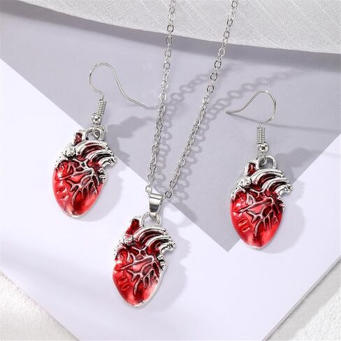 Anatomical Heart Organ Necklace Earrings Set Halloween Gothic 3D Enamel Red Bloody Human Organs Biology Medical Chain Jewelry Set for Men Women Doctor Nurse Goth Halloween Christmas Party Fashion Jewelry in Saudi Arabia