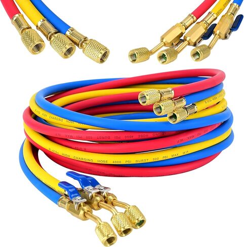 2025 Upgrade 29986 Plus II 1/4" HVAC Hose with Compact Ball Valve. Refrigerant Hose with Standard 1/4“ Flare Fittings, 800 PSI Working Pressure for Common Refrigerants. 72", Yellow/Red/Blue (3-Pack) in Kuwait