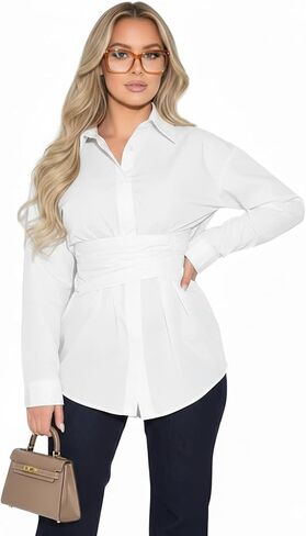 Lomehue Women Fitted Button Down Shirt Cinched Waist Tops Cotton Long Sleeve Wrap Blouse Stylish Dressy Casual Outfit 2025 in Kuwait