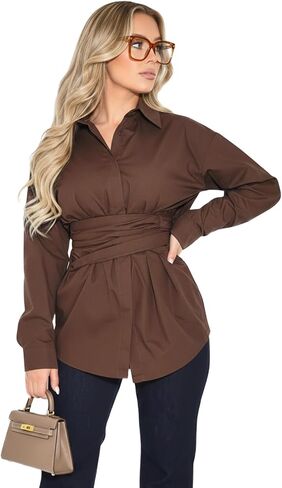 Lomehue Women Fitted Button Down Shirt Cinched Waist Tops Cotton Long Sleeve Wrap Blouse Stylish Dressy Casual Outfit 2025 in Kuwait