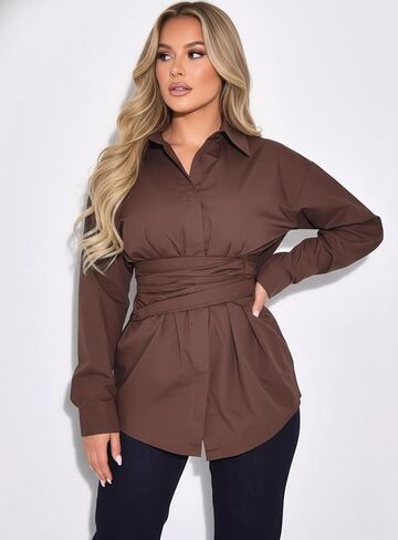 Lomehue Women Fitted Button Down Shirt Cinched Waist Tops Cotton Long Sleeve Wrap Blouse Stylish Dressy Casual Outfit 2025 in Kuwait