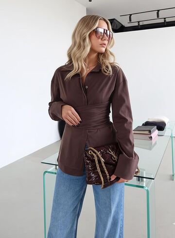 Lomehue Women Fitted Button Down Shirt Cinched Waist Tops Cotton Long Sleeve Wrap Blouse Stylish Dressy Casual Outfit 2025 in Kuwait