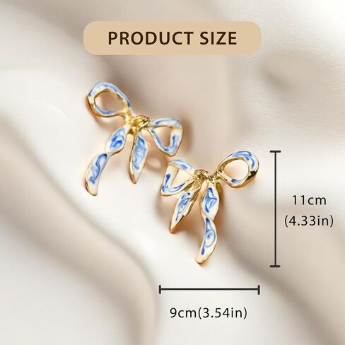 Enamel Bow Earrings for Women – 18K Gold Plated Blue and White Porcelain Jewelry, Elegant Ribbon Stud Earrings Gift for Birthday, Anniversary, or Wedding in Saudi Arabia