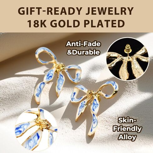Enamel Bow Earrings for Women – 18K Gold Plated Blue and White Porcelain Jewelry, Elegant Ribbon Stud Earrings Gift for Birthday, Anniversary, or Wedding in Saudi Arabia