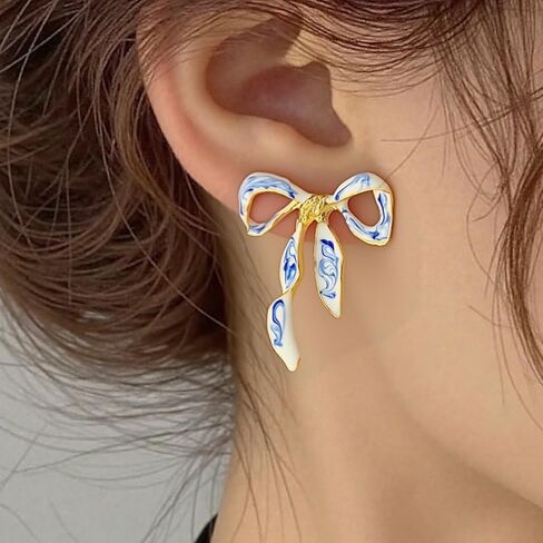 Enamel Bow Earrings for Women – 18K Gold Plated Blue and White Porcelain Jewelry, Elegant Ribbon Stud Earrings Gift for Birthday, Anniversary, or Wedding in Saudi Arabia