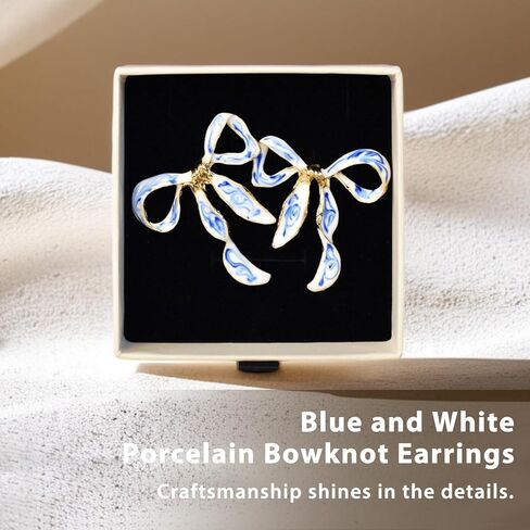 Enamel Bow Earrings for Women – 18K Gold Plated Blue and White Porcelain Jewelry, Elegant Ribbon Stud Earrings Gift for Birthday, Anniversary, or Wedding in Saudi Arabia