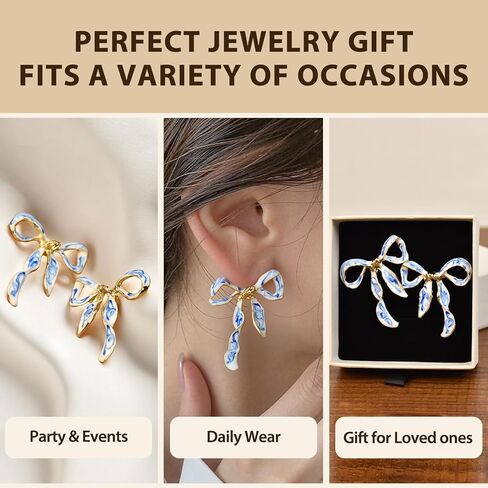 Enamel Bow Earrings for Women – 18K Gold Plated Blue and White Porcelain Jewelry, Elegant Ribbon Stud Earrings Gift for Birthday, Anniversary, or Wedding in Saudi Arabia