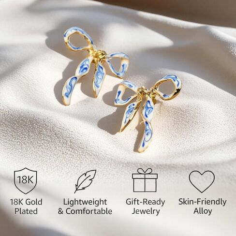 Enamel Bow Earrings for Women – 18K Gold Plated Blue and White Porcelain Jewelry, Elegant Ribbon Stud Earrings Gift for Birthday, Anniversary, or Wedding in Saudi Arabia