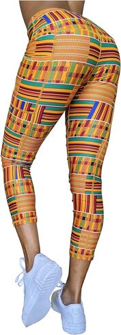 سروال ضيق لليوجا عالي الخصر للنساء من Washoge ESI Kente بطبعة أفريقية مع جيوب (XS-2X) in Kuwait