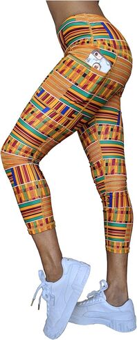 سروال ضيق لليوجا عالي الخصر للنساء من Washoge ESI Kente بطبعة أفريقية مع جيوب (XS-2X) in Kuwait