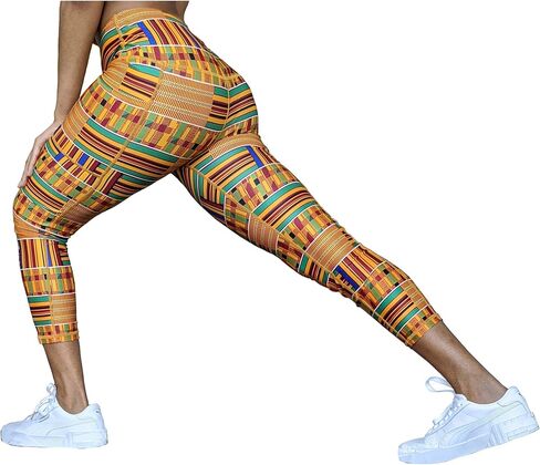 سروال ضيق لليوجا عالي الخصر للنساء من Washoge ESI Kente بطبعة أفريقية مع جيوب (XS-2X) in Kuwait