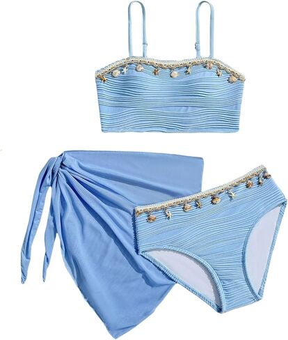SHENHE Girl's Swimsuits 3 Piece Seashell Spaghetti Strap Textured Bathing Suit with Cover Up in Kuwait