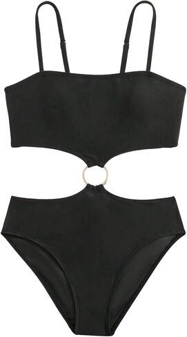 OYOANGLE Girl's 2 Pieces Bikini Sets Ring Linked One Piece Swimsuit with Cover Up Drawstring Sheer Beach Skirt in Saudi Arabia