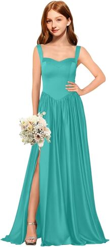 Junior Bridesmaid Dresses Satin Formal Party Dress Spaghetti Straps Prom Dresses for Teens Long Wedding Gown with Slit in Saudi Arabia