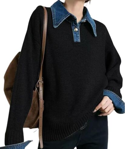 Womens Oversized Pullover Sweaters Long Sleeve Denim Panel Lapel Buttoned Loose V Neck Knit Sweater Tops in Saudi Arabia