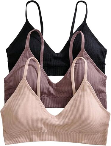 OYOANGLE Women's 3 Pack Ribbed Knit Sports Bras Padded Fitness Bralette Seamless Wireless Push Up Workout Crop Cami Tank in Saudi Arabia