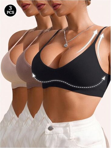 OYOANGLE Women's 3 Pack Ribbed Knit Sports Bras Padded Fitness Bralette Seamless Wireless Push Up Workout Crop Cami Tank in Saudi Arabia