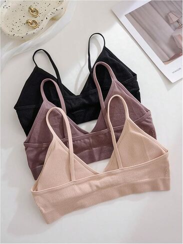 OYOANGLE Women's 3 Pack Ribbed Knit Sports Bras Padded Fitness Bralette Seamless Wireless Push Up Workout Crop Cami Tank in Saudi Arabia