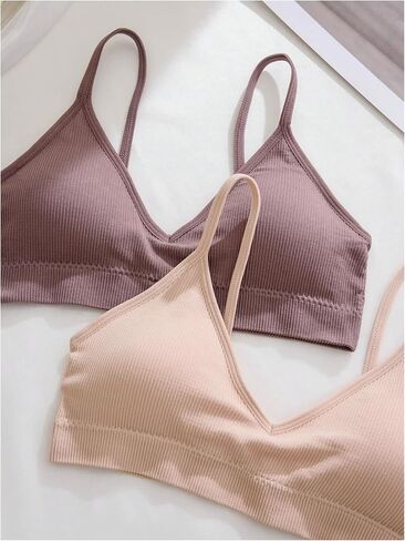 OYOANGLE Women's 3 Pack Ribbed Knit Sports Bras Padded Fitness Bralette Seamless Wireless Push Up Workout Crop Cami Tank in Saudi Arabia