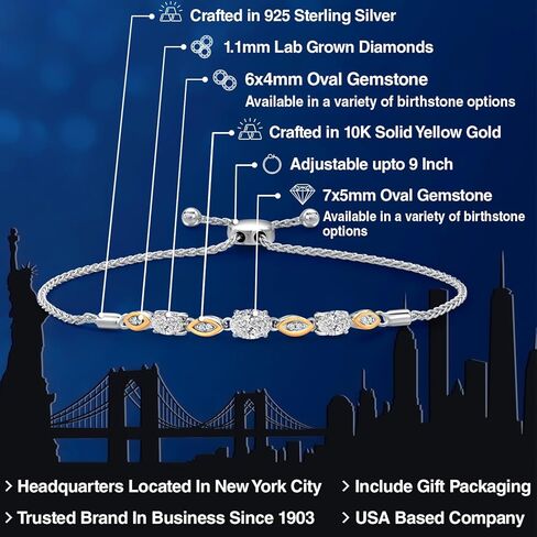 Gem Stone King 1.56 Cttw 925 Silver and 10K Yellow Gold Lab Grown Diamond Bracelet For Women | Oval 7X5MM | DEF Color | VVS-VS Clarity | Fully Adjustable 9 Inch in Saudi Arabia