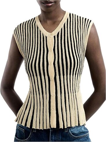 MakeMeChic Women's Striped Sweater Vest Tops V Neck Button Down Sleeveless Knit Cardigan in Saudi Arabia